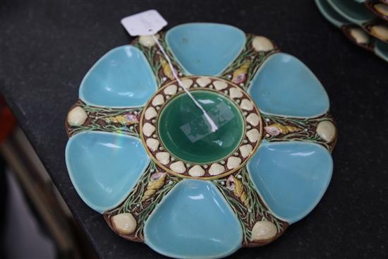 A set of five Minton majolica oyster plates, date stamp for 1867, diameter 23cm